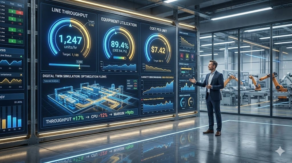  Manufacturing operations dashboard mastering critical metrics—throughput velocity, equipment utilization rates, and cost per unit optimization—for CAO-led operational excellence and competitive advantage.
