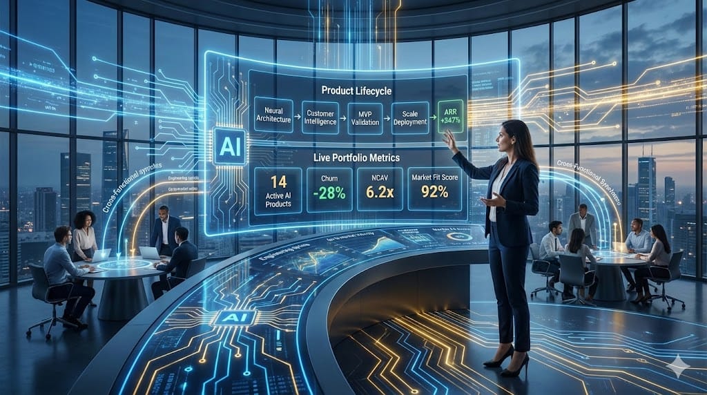 Strategic Chief Product Officer commanding AI product portfolio transformation, bridging neural networks, customer insights, and revenue acceleration through intelligent product lifecycle management.