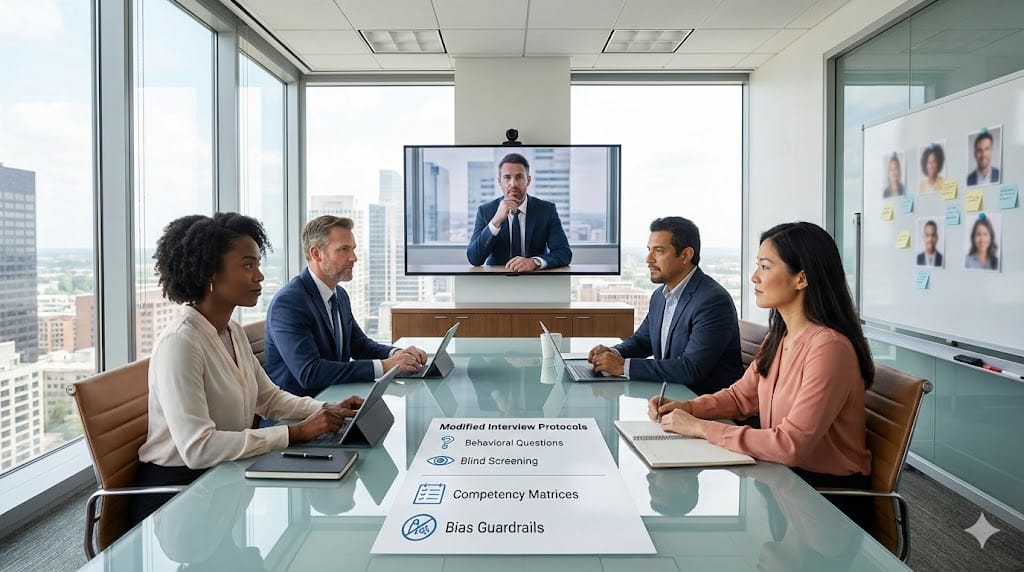  Executive interview panel using modified protocols for authentic leadership evaluation, featuring diverse interviewers assessing candidate through structured, bias-reduced techniques in modern conference room.