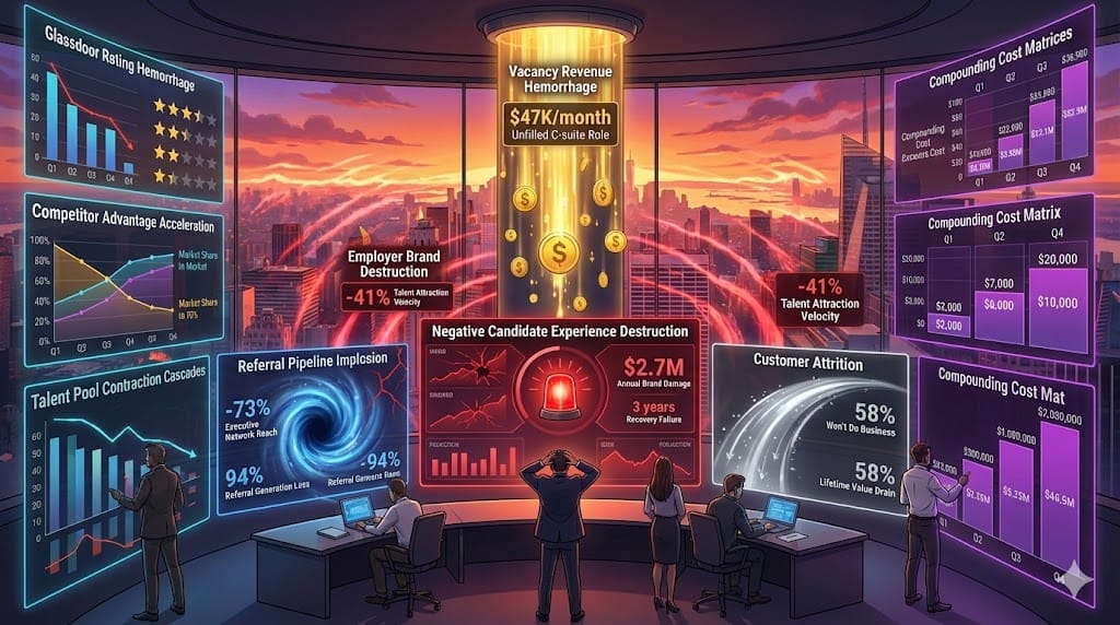Animated cost cascade visualization—golden vacancy revenue hemorrhage ($47K/month), crimson brand destruction shockwaves (-41% talent attraction), blue referral implosion (-73% pipeline velocity), revealing multi-million dollar destruction footprint from single poor executive experience