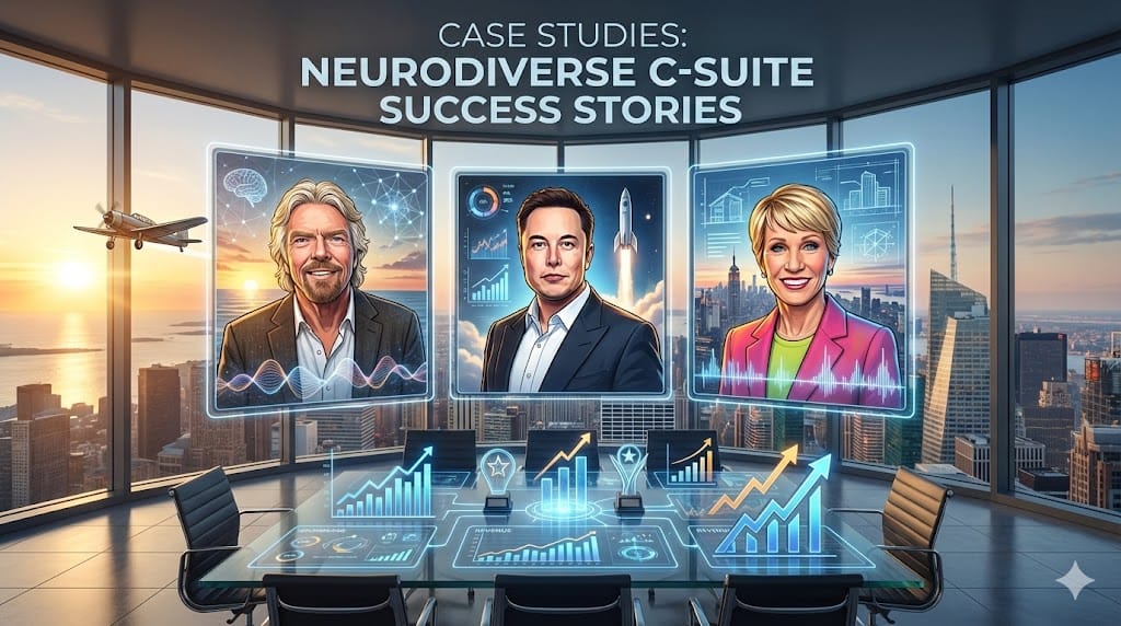Montage of successful neurodiverse C-suite executives from real case studies, showcasing diverse leadership achievements in corporate innovation and business transformation.