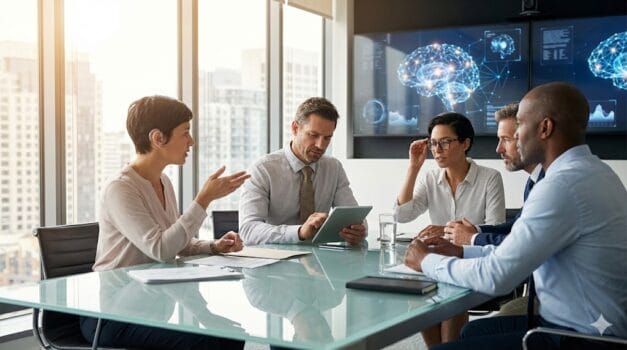 Diverse executive team showcasing neurodiverse leadership potential in modern boardroom setting, representing untapped talent for innovative C-suite roles.