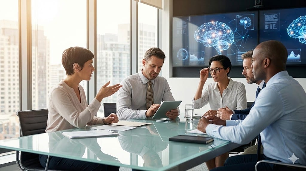 Diverse executive team showcasing neurodiverse leadership potential in modern boardroom setting, representing untapped talent for innovative C-suite roles.