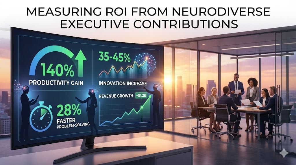 Data visualization dashboard measuring ROI from neurodiverse executive contributions, showing innovation gains, productivity metrics, and financial returns in corporate analytics interface.
