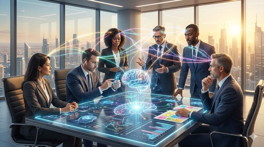 Dynamic executive team illustrating neurodiversity as a strategic leadership strength, featuring diverse professionals collaborating innovatively in a modern corporate environment.