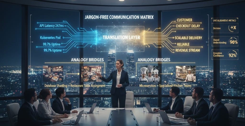 Tech leader translating complex technical concepts into business outcomes during cross-functional meeting, transforming API latency discussions into customer experience improvements.