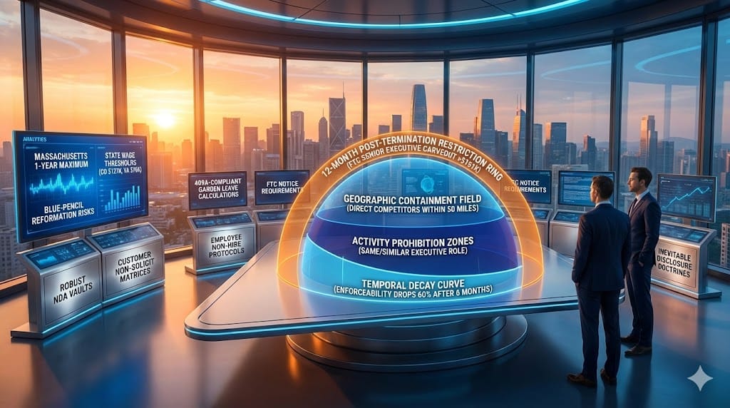 Executive non-compete boundary architecture—golden 12-month post-termination restriction (FTC senior exec exception), blue geographic scope limits (direct competitors only), purple activity prohibitions (same/similar role), crimson enforceability thresholds (protect legitimate interests, reasonable scope)