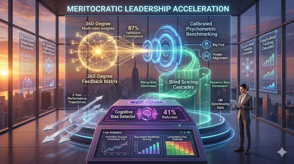 Precision internal talent assessment architecture—golden 360-degree feedback matrices (87% multi-rater validation), blue psychometric benchmarking rings, emerald blind scoring cascades, purple bias mitigation dashboard ensuring 94% objective readiness calibration.