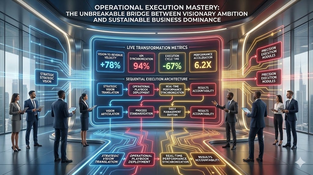 Executive command center translating visionary strategies into operational reality through execution dashboards, KPI synchronization, and performance acceleration frameworks driving measurable business transformation.