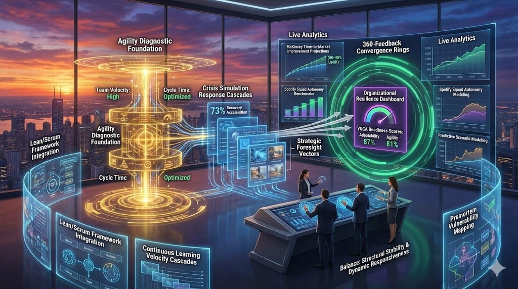 Precision adaptability assessment architecture—golden agility diagnostic foundation (team velocity metrics), blue simulation response cascades, emerald 360-feedback convergence rings, purple organizational resilience dashboard calibrating 94% VUCA readiness.