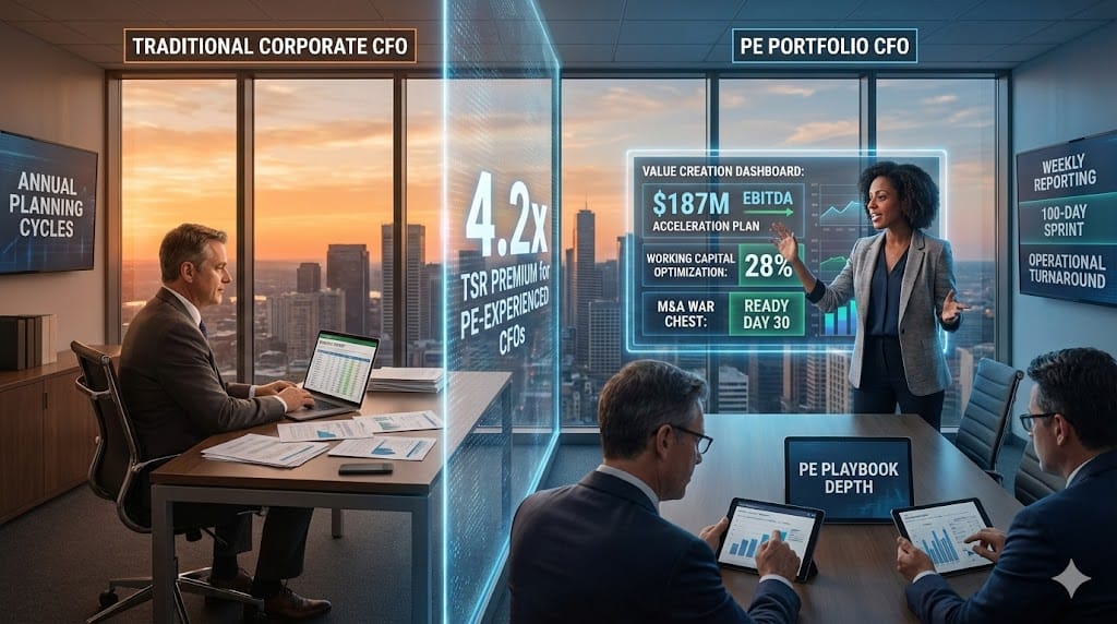 Private equity portfolio company CFO search contrasting operational value creation focus, aggressive 100-day ROI delivery, and PE sponsor alignment against traditional corporate CFO timelines and priorities