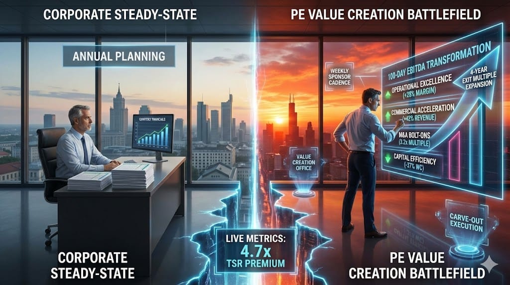 Private equity value creation playbook contrasting operational transformation sprints, 100-day EBITDA acceleration, and exit optimization against traditional corporate finance's quarterly reporting and steady-state budgeting 