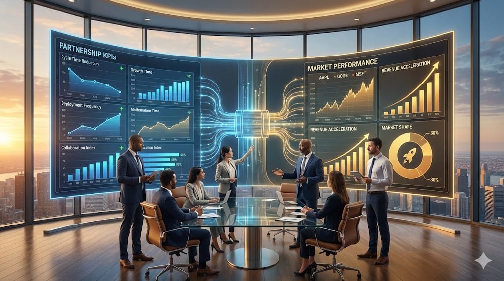 Executive dashboard linking product-engineering collaboration metrics to surging market performance graphs, visualizing direct ROI from unified C-level partnerships