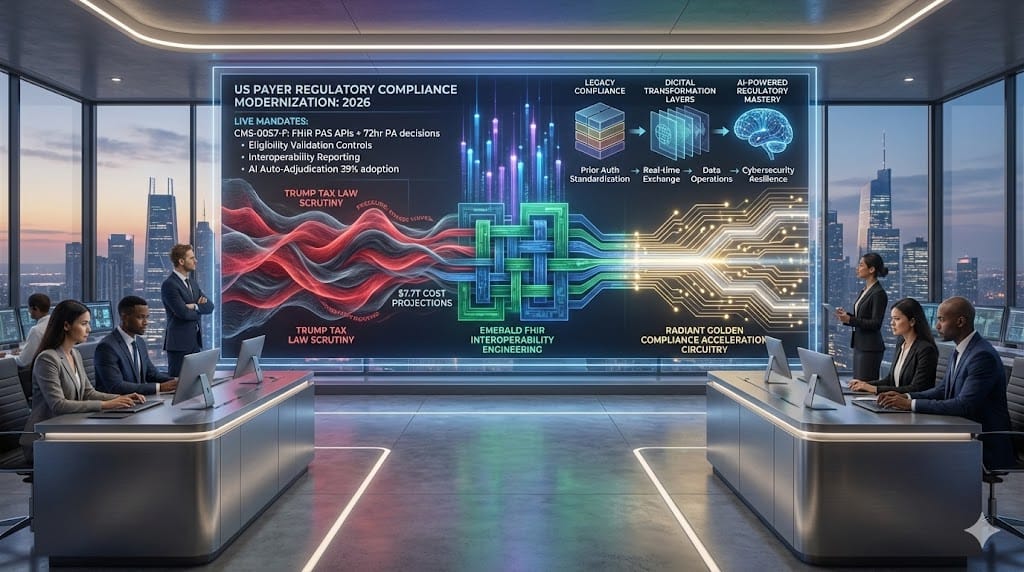 Strategic compliance war room guiding payers through 2026 modernization—CMS PA APIs (72-hour decisions), FHIR interoperability, eligibility controls, AI auto-adjudication amid rising costs and cybersecurity focus.