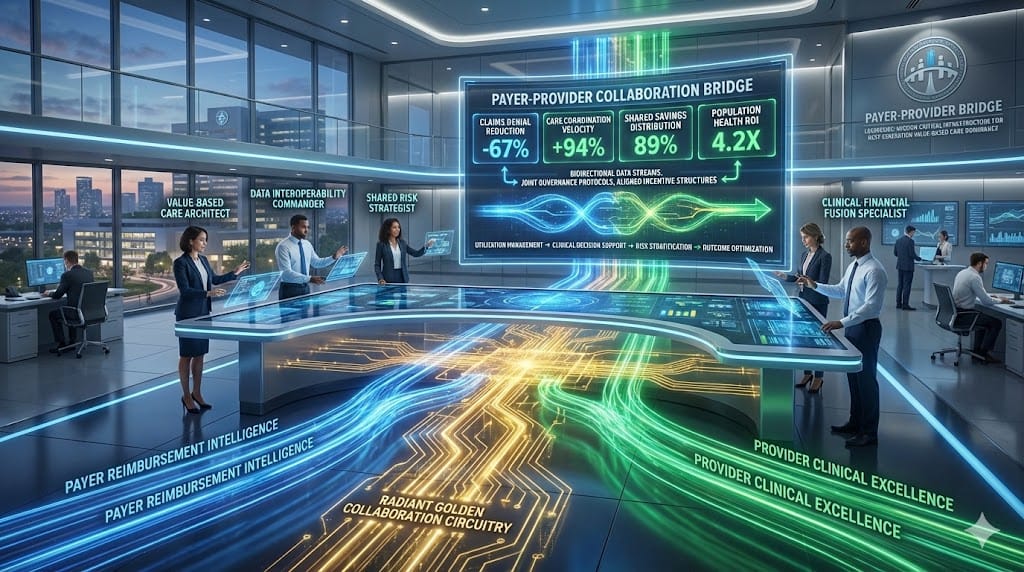 Strategic leadership nexus recruiting executives bridging payer-provider divide through value-based care alignment, data interoperability mastery, and shared risk architecture implementation.