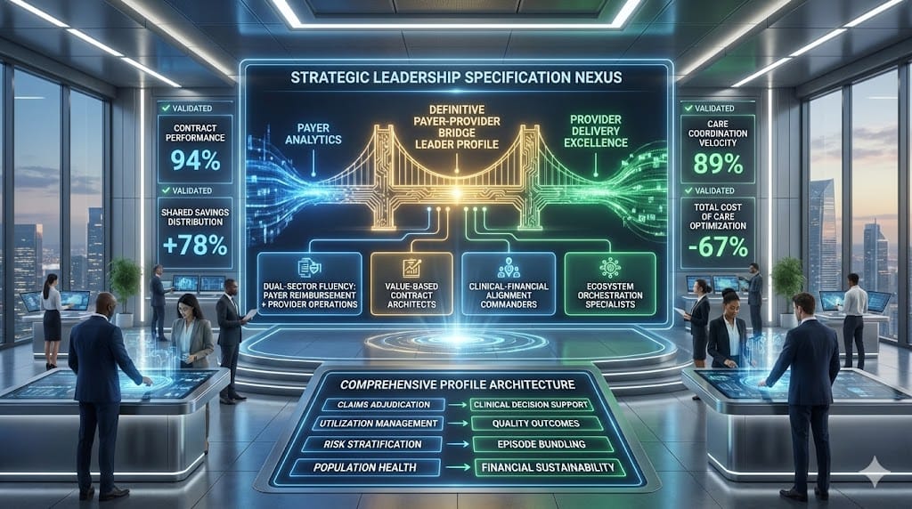 Executive profile matrix defining payer-provider bridge leadership through dual-sector fluency, value-based contract mastery, clinical-financial alignment expertise, and collaborative ecosystem orchestration.