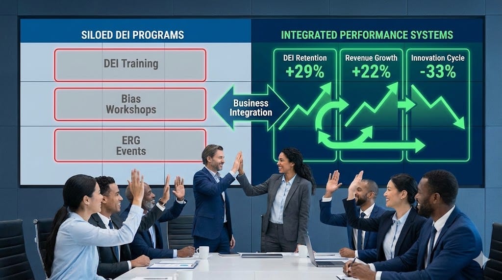 Integrated corporate performance dashboard merging DEI metrics with business KPIs, showing interconnected upward trends replacing isolated program silos