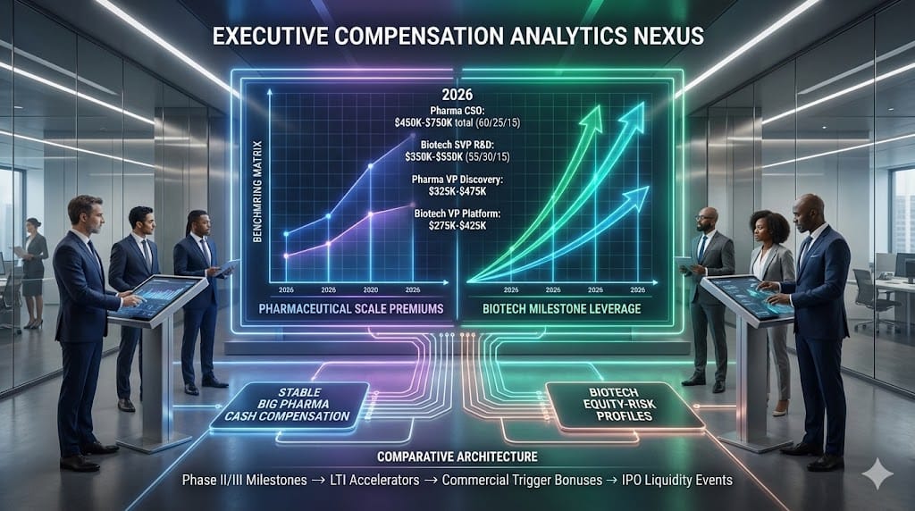 Comprehensive benchmarking matrix comparing 2026 pharmaceutical vs biotech R&D leadership compensation—Big Pharma CSO $450K-$750K total, biotech SVP R&D $350K-$550K, highlighting base, bonus, and LTI variations by segment maturity.