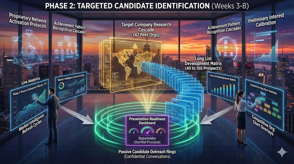 Phase 2 targeted identification architecture—golden target company research cascade (47 peers mapped), blue long list development matrix (40-100 prospects), emerald passive candidate outreach rings, purple presentation readiness dashboard ensuring stakeholder-aligned shortlist precision.