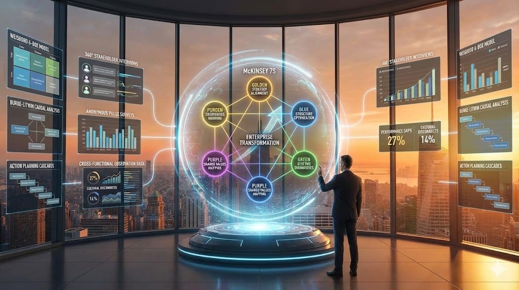 New executive conducting organizational diagnosis Weeks 9-12 through McKinsey 7S analysis, stakeholder interviews, and data triangulation shaping enterprise strategy with 94% C-suite alignment