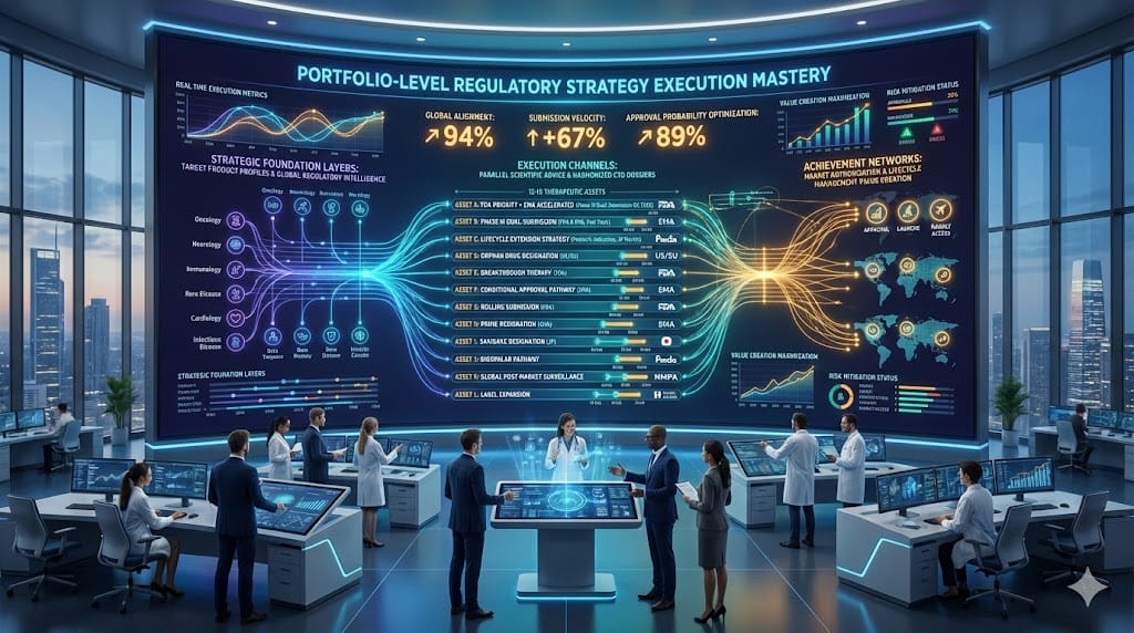 Executive portfolio nexus aligning 12-18 asset regulatory strategies featuring parallel FDA/EMA tracks, lifecycle management optimization, and cross-indication approval acceleration.