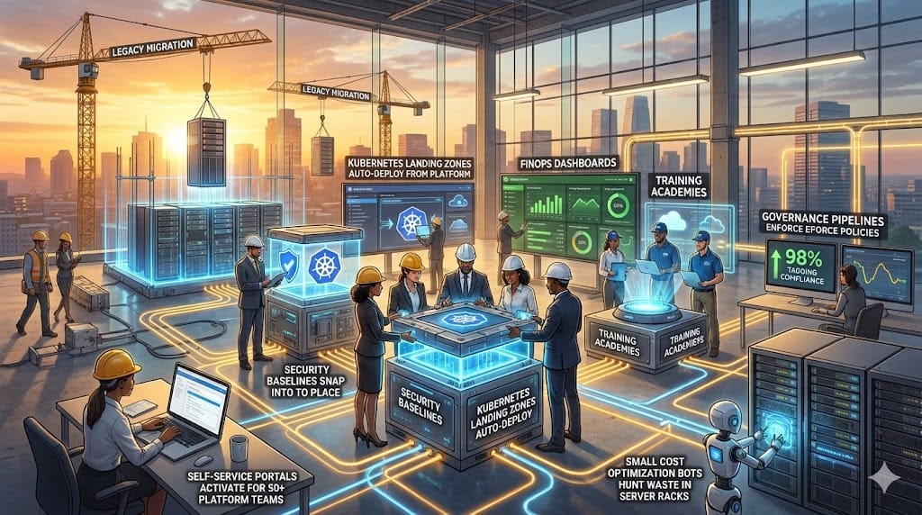C-suite team constructing enterprise Cloud Center of Excellence with cross-functional experts establishing governance frameworks, self-service landing zones, and enablement academies