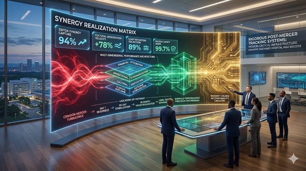 Executive accountability dashboard monitoring post-merger performance through synergy realization metrics, cultural integration velocity, operational standardization progress, and value creation trajectory.
