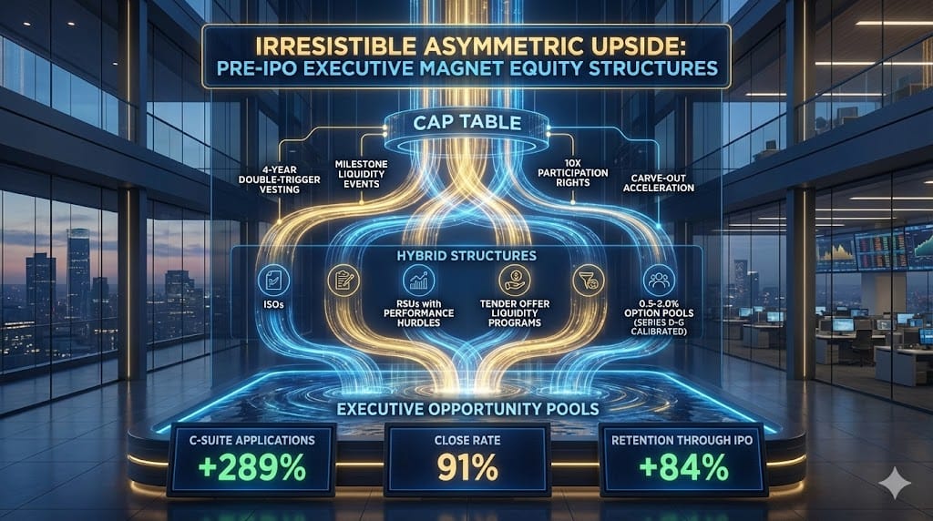 Strategic pre-IPO equity structures magnetizing elite risk-tolerant executives through milestone-triggered liquidity, performance vesting cliffs, and asymmetric upside participation.
