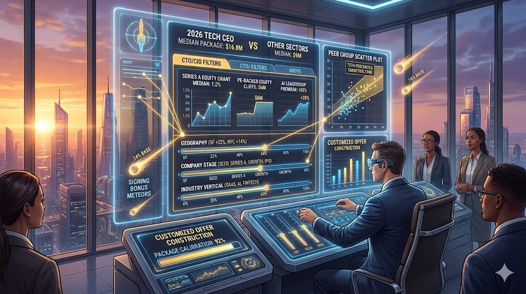 High-precision market benchmarking dashboard for 2026 tech executive roles comparing CTO/CIO compensation across company stage, industry vertical, geography, and AI specialization with percentile rankings and peer group analytics