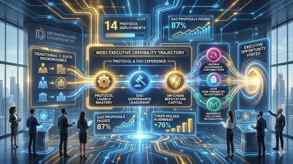 Executive career acceleration pathway where protocol launches and DAO governance experience establishes unassailable Web3 leadership credibility through on-chain reputation and community trust capital.