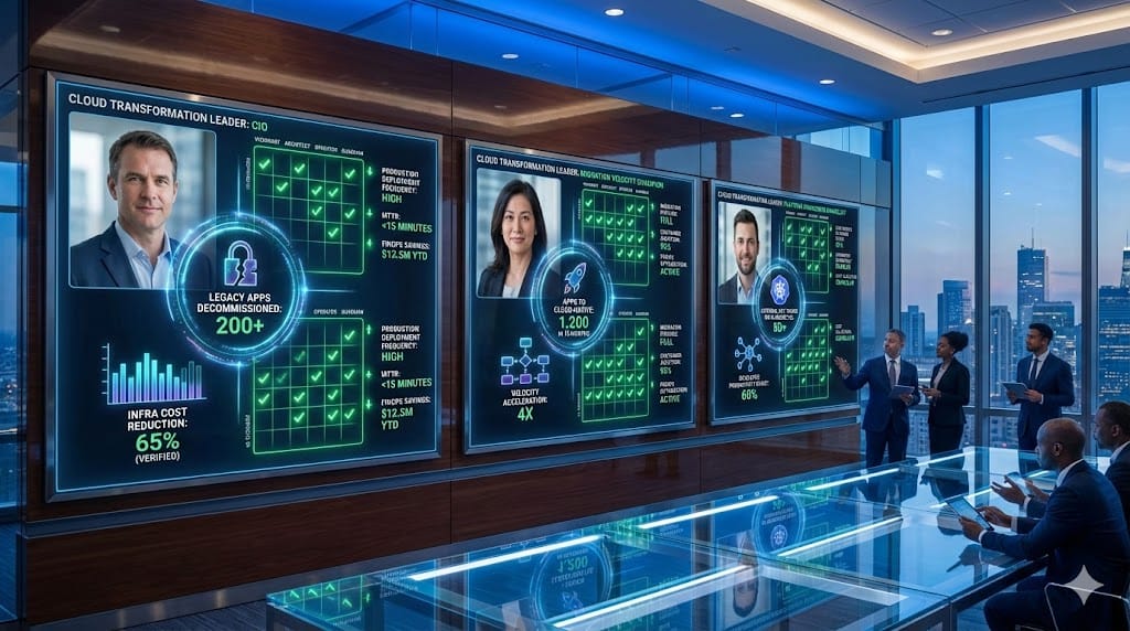Composite profile of elite CIOs who delivered cloud-native transformations, showcasing verified track records in migration velocity, cost optimization, and platform team acceleration