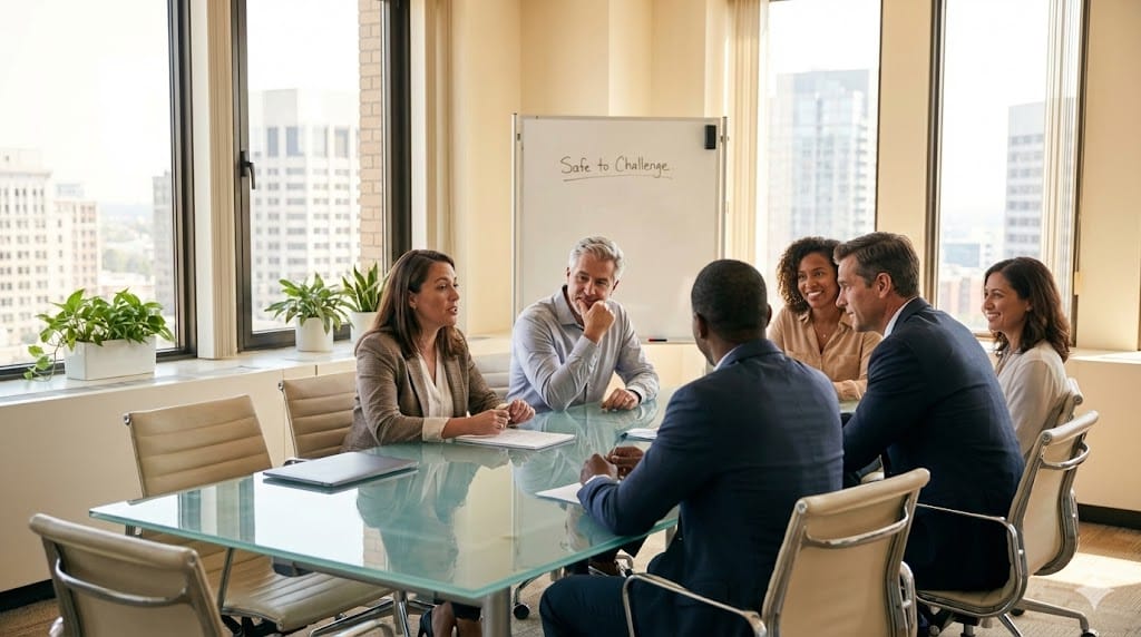 Diverse C-suite executives in candid discussion around boardroom table, demonstrating open dialogue, active listening, and psychological safety through authentic expressions and collaborative body language
