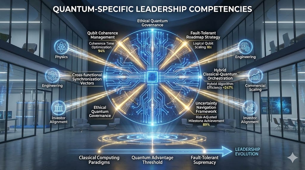 Holographic framework mapping quantum-specific leadership competencies including qubit coherence mastery, fault-tolerant roadmap strategy, hybrid classical-quantum orchestration, and ethical uncertainty navigation.