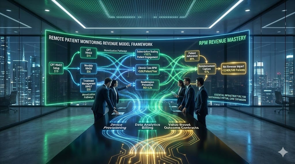 Strategic revenue architecture mapping Remote Patient Monitoring business models with reimbursement streams, subscription scaling, and outcome-based pricing driving healthcare profitability.