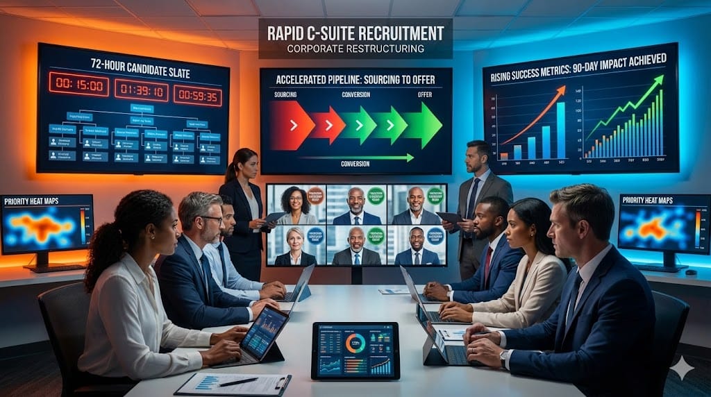 Dynamic executive search war room accelerating transitional C-suite recruitment with talent pipelines, assessment frameworks, and rapid onboarding timelines