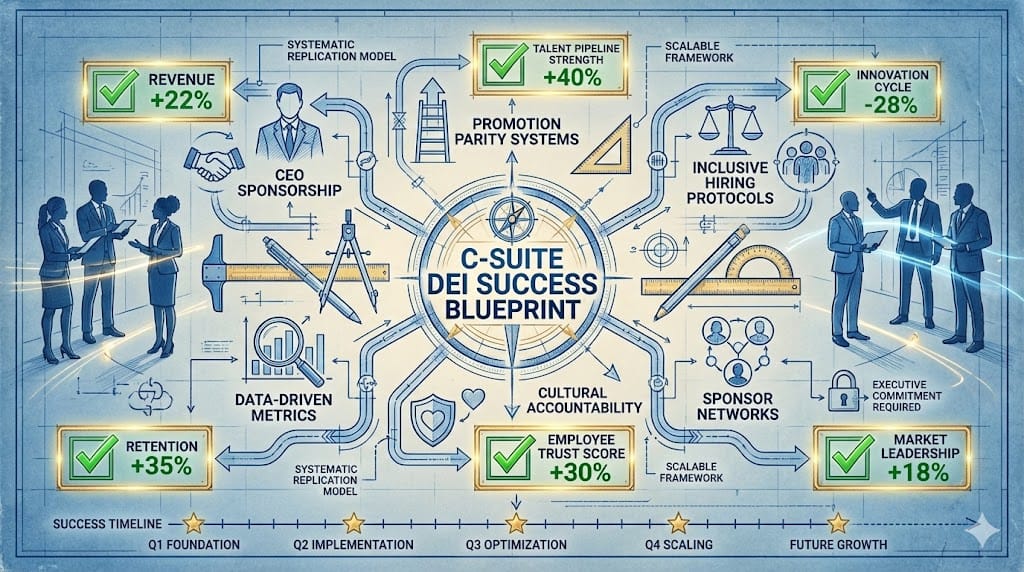 Blueprint diagram showing scalable strategies and lessons learned from successful C-suite DEI transformations with interconnected success factors