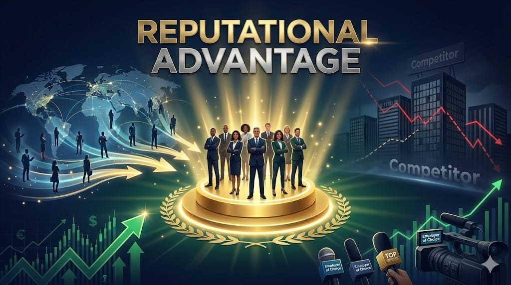 800x450 landscape illustration showing corporate reputational advantage: golden podium with shining executive team attracting global talent arrows, surrounded by competitor firms in shadows, rising stock graphs and media spotlights emphasizing employer branding leadership.