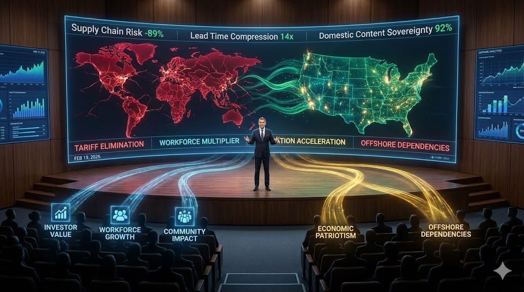 Compelling C-suite narrative architecture framing reshoring as strategic resurgence—eliminating supply chain vulnerabilities while building sovereign domestic production capacity that stakeholders can rally behind.