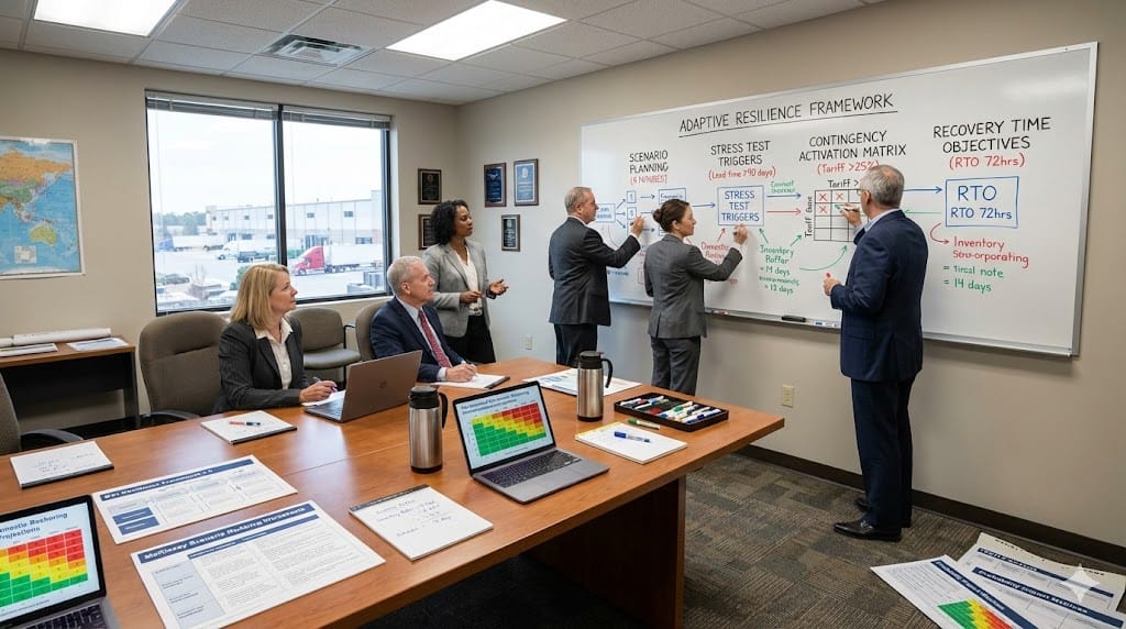 Manufacturing executives constructing adaptive resilience frameworks on conference room whiteboard—mapping scenario planning matrices, stress test protocols, and contingency activation thresholds for trade war and supply chain fracture scenarios.