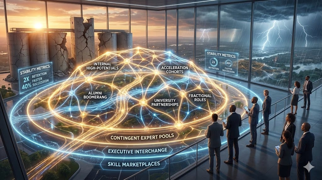 Interconnected C-suite talent ecosystem with internal pipelines, alumni networks, and university partnerships creating antifragile executive development resilient to market volatility