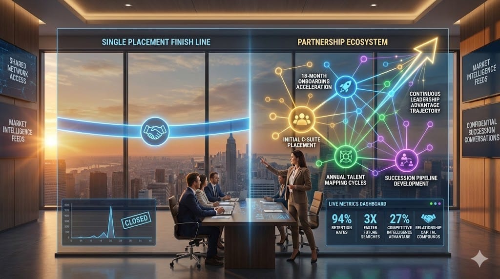 Evolution from retained search transaction to long-term executive search partnership—initial C-suite placement, 18-month onboarding support, annual talent mapping, succession pipeline development creating continuous leadership advantage