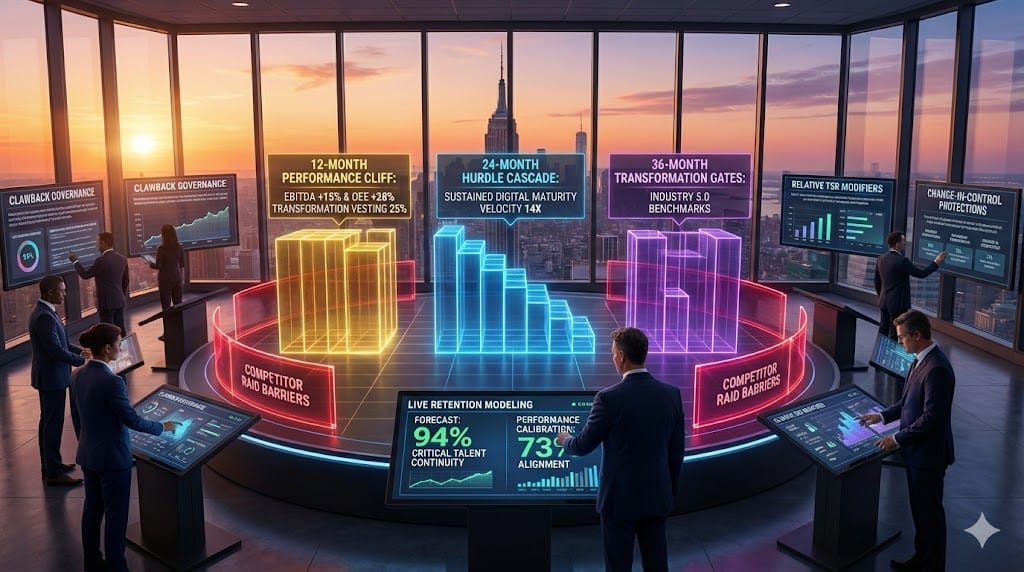 Sophisticated retention architecture featuring 12-month performance cliffs vesting 25% equity upon EBITDA acceleration + OEE transformation milestones, 24-month hurdles requiring sustained strategic execution