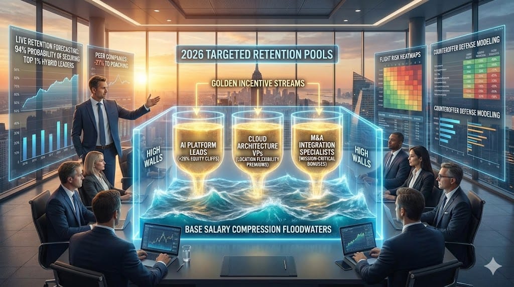 Strategic retention pools targeting critical hybrid leadership roles with 2026 customized incentives—performance equity cliffs, location flexibility premiums, mission-critical retention bonuses—securing AI/Cloud/M&A specialists amid base salary compression.