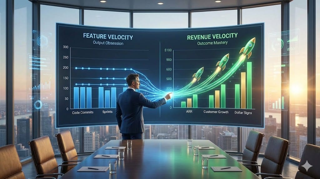 Dynamic dashboard visualization contrasting accelerating revenue velocity metrics against traditional feature velocity charts, highlighting C-level shift toward business outcomes over engineering outputs