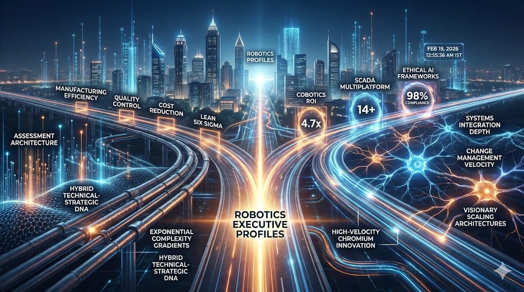 Distinct executive profile divergence for robotics leadership—technical orchestration mastery, ethical AI governance, and exponential scaling architectures separating automation specialists from traditional manufacturing executives.
