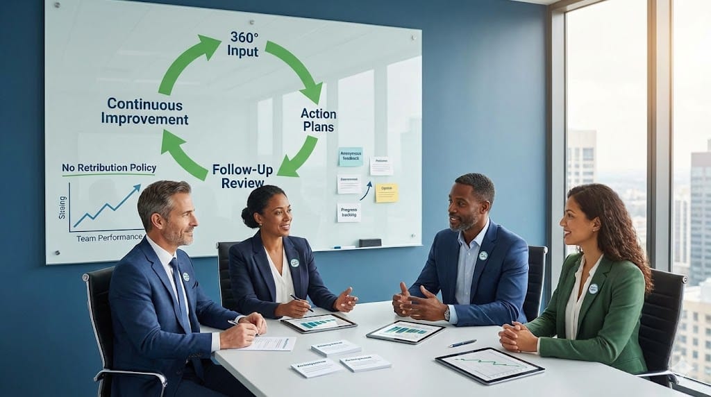 Diverse executive team participating in structured 360-degree feedback session with visible trust indicators, green checkmarks, and continuous improvement cycle diagram