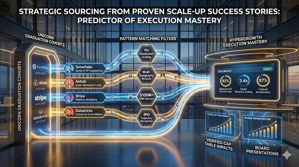 Strategic talent pipeline sourcing proven scale-up executives from unicorn Series C-G successes, channeling battle-tested operators who delivered 10x growth into hypergrowth leadership roles.