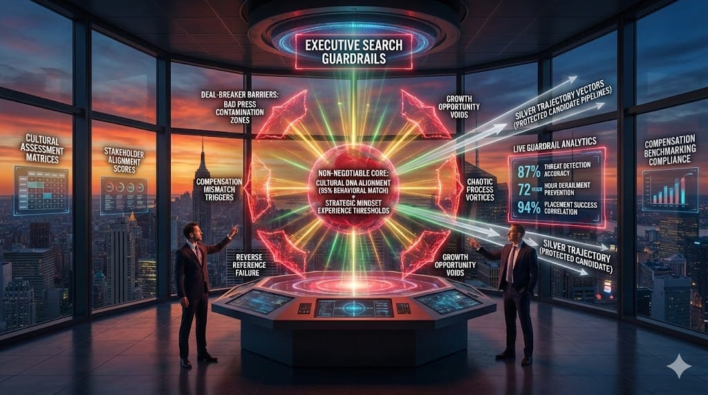 Ironclad search guardrails architecture—crimson non-negotiable core (cultural DNA 95% match), golden deal-breaker barriers (bad press, reverse reference fails), blue process discipline ring (timeline adherence), purple risk radar detecting 87% derailment threats pre-offer.