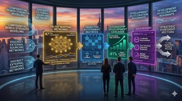 Strategic search firm succession architecture—golden talent mapping networks (47 peer firms benchmarked), blue internal-external assessment matrices, emerald leadership development cascades, purple seamless transition dashboard ensuring zero-vacancy execution.