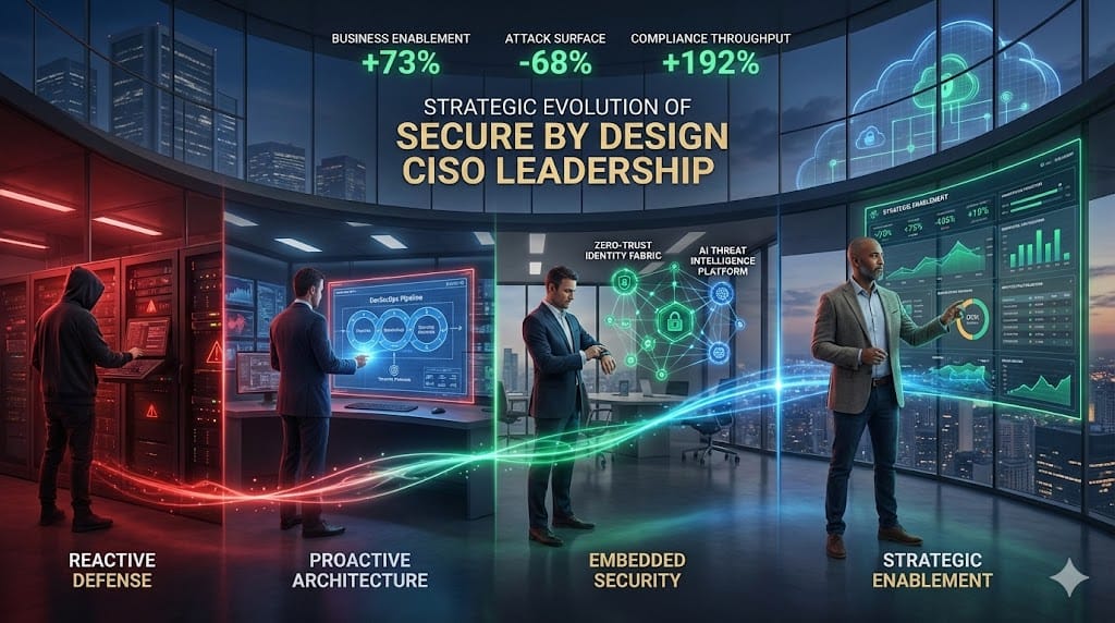 Evolutionary timeline transforming tactical CISO into strategic 'Secure by Design' leadership, featuring embedded security architecture, zero-trust maturity, and business-aligned risk governance.